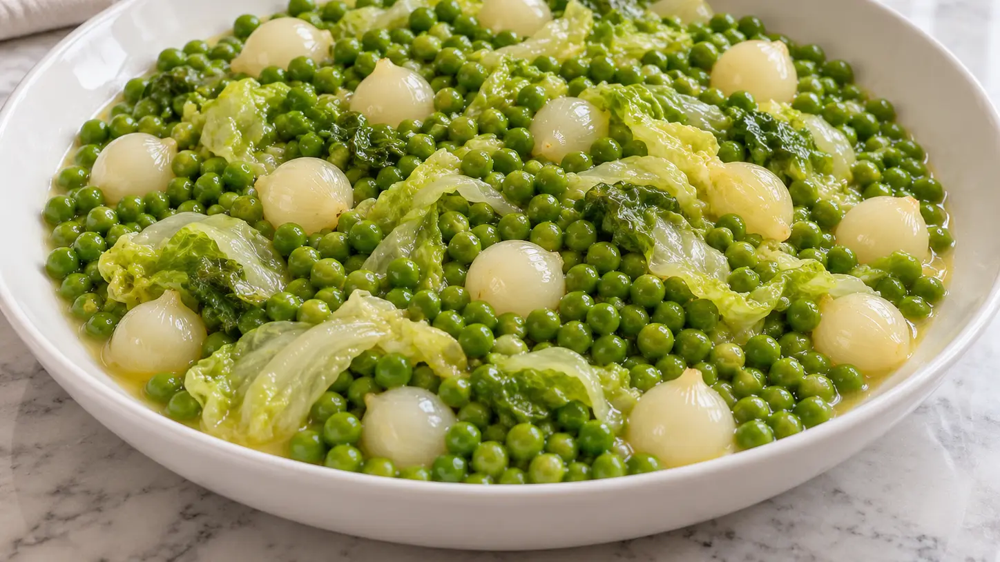 Groene erwten met zachte botersla en kleine witte uitjes, heel gelaten, in botersaus