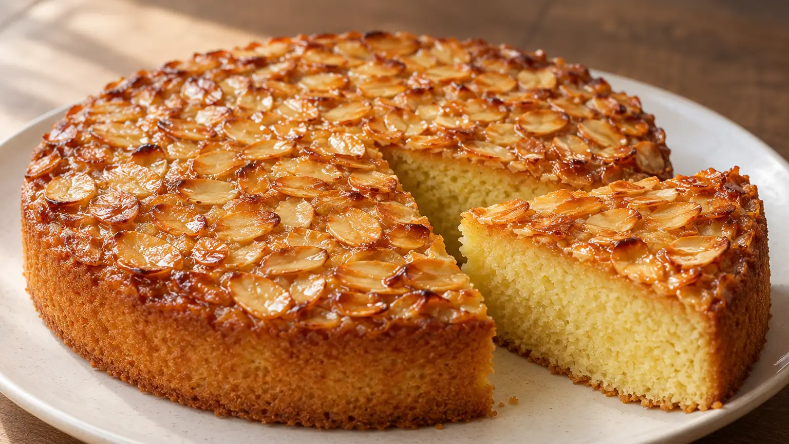 Toscakaka con superficie croccante dorata di mandorle a lamelle e una fetta di torta al burro