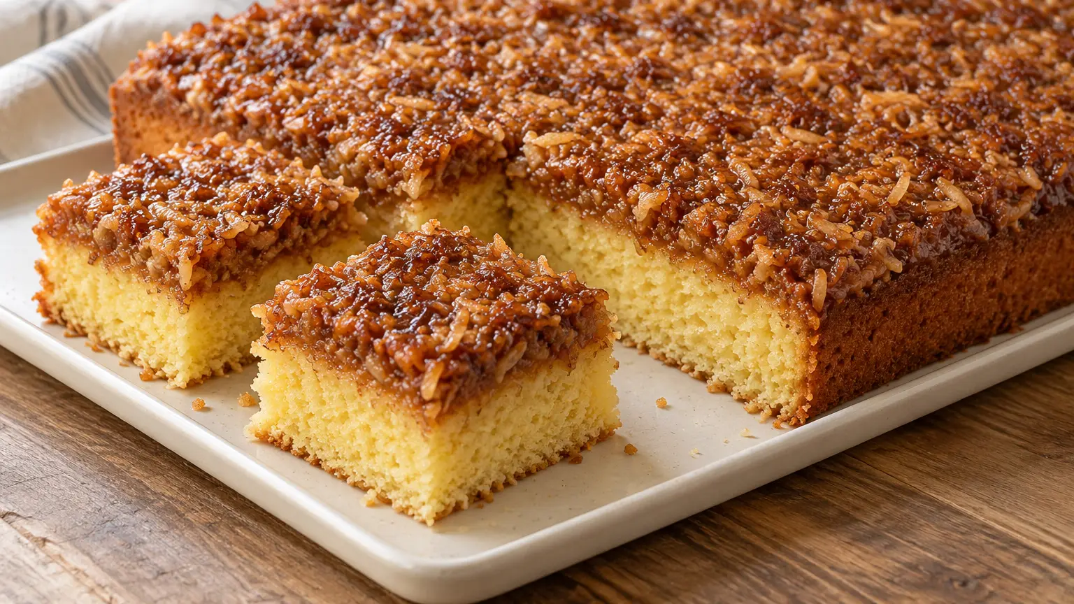 Drømmekage met karamel-kokostopping en afgesneden rechthoekige stukken die de luchtige lichte cake tonen