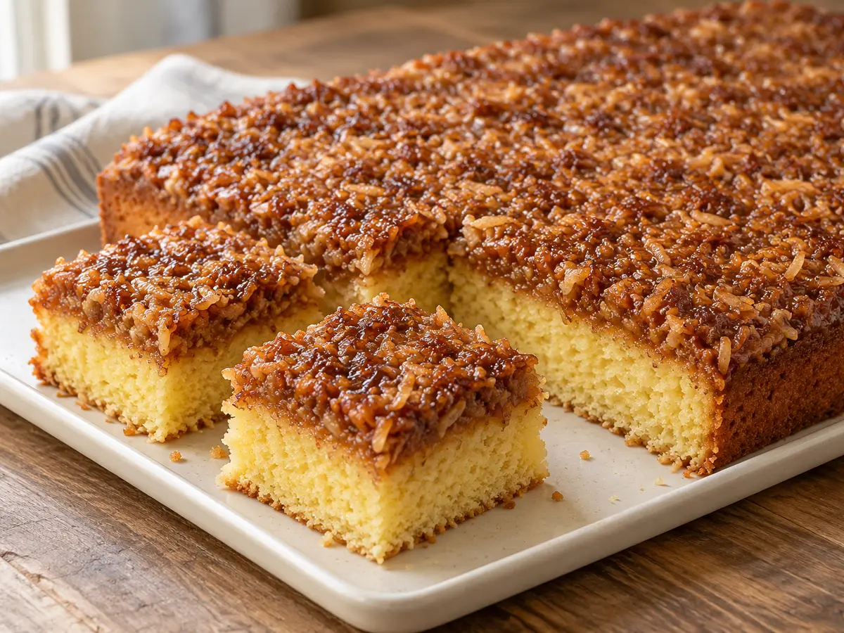 Drømmekage — Danish cake with a caramel coconut topping