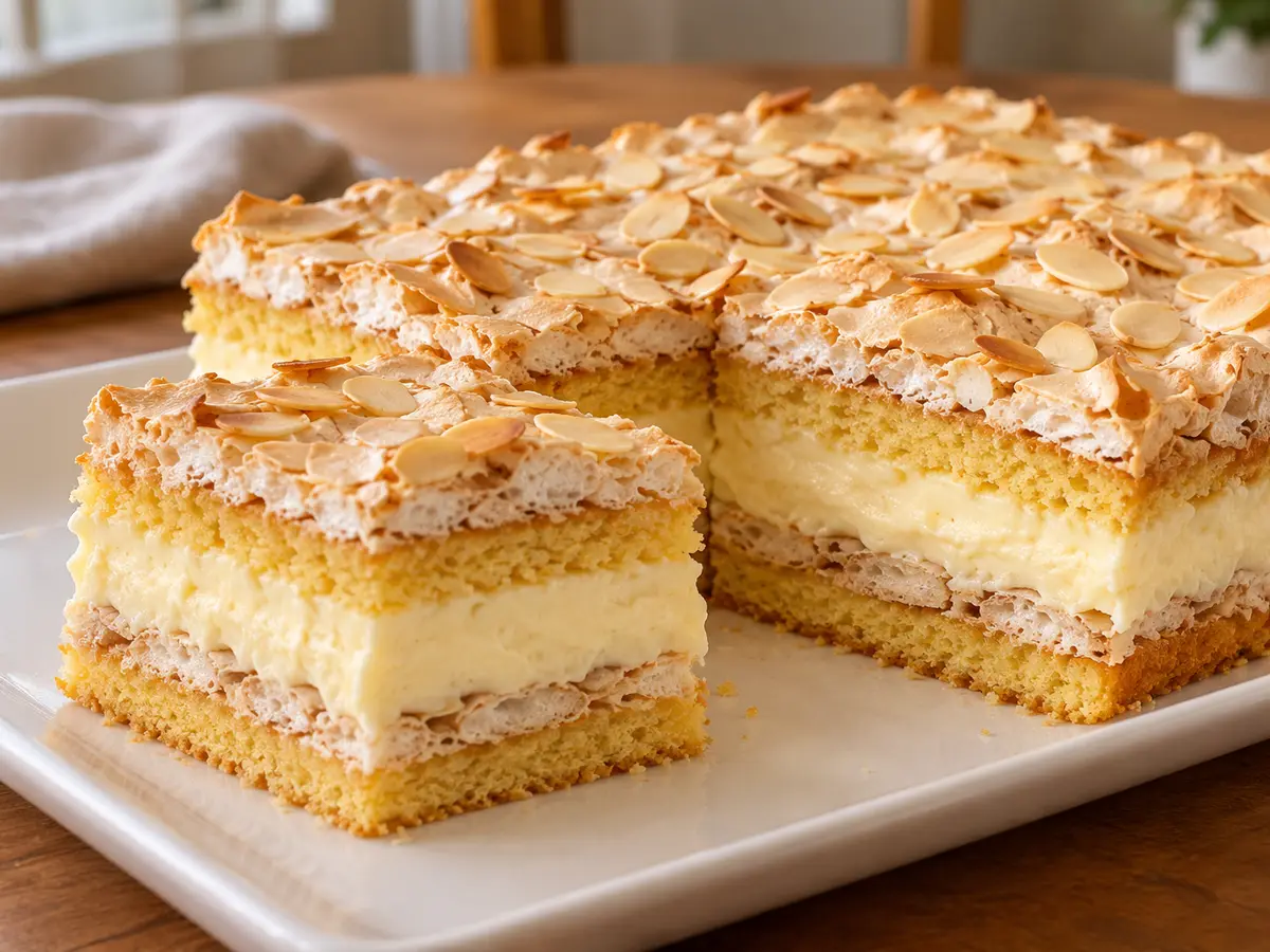 Kvæfjordkake — Noorse cake met meringue, amandelen en vanillecrème