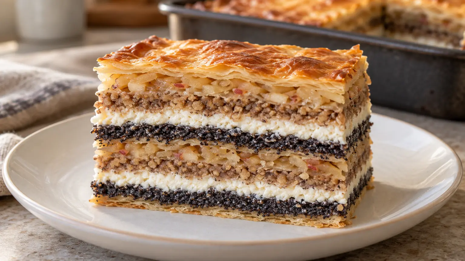 Prekmurska gibanica showing eight poppy seed, curd cheese, walnut and apple layers beneath golden filo