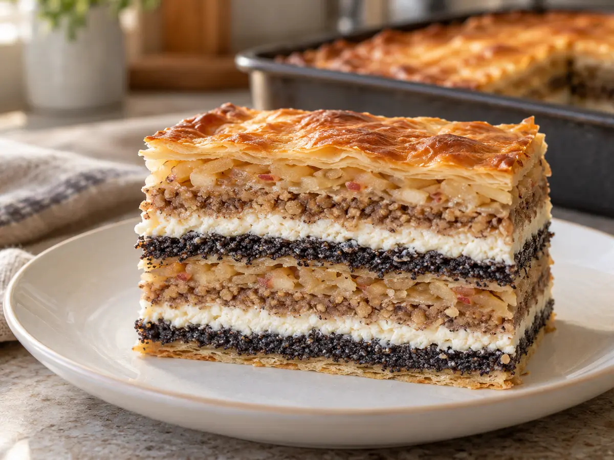 Prekmurska gibanica — Slovenian cake with poppy seeds, curd cheese, walnuts and apples