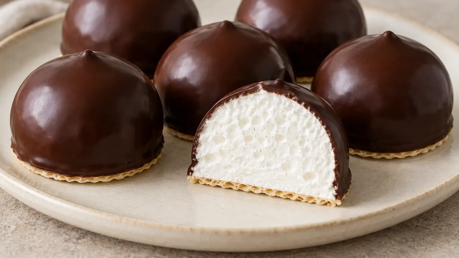 Flødeboller con guscio di cioccolato fondente e uno tagliato che rivela meringa bianca e cialda sottile
