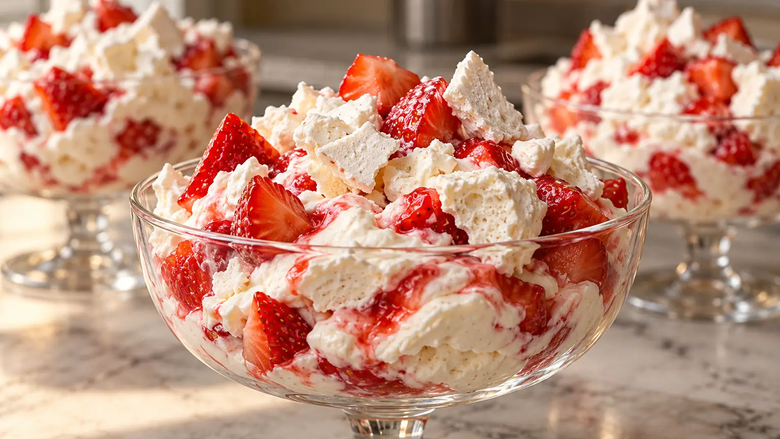 Eton mess in coppetta di vetro con panna bianca pezzi di fragole e meringa croccante irregolare