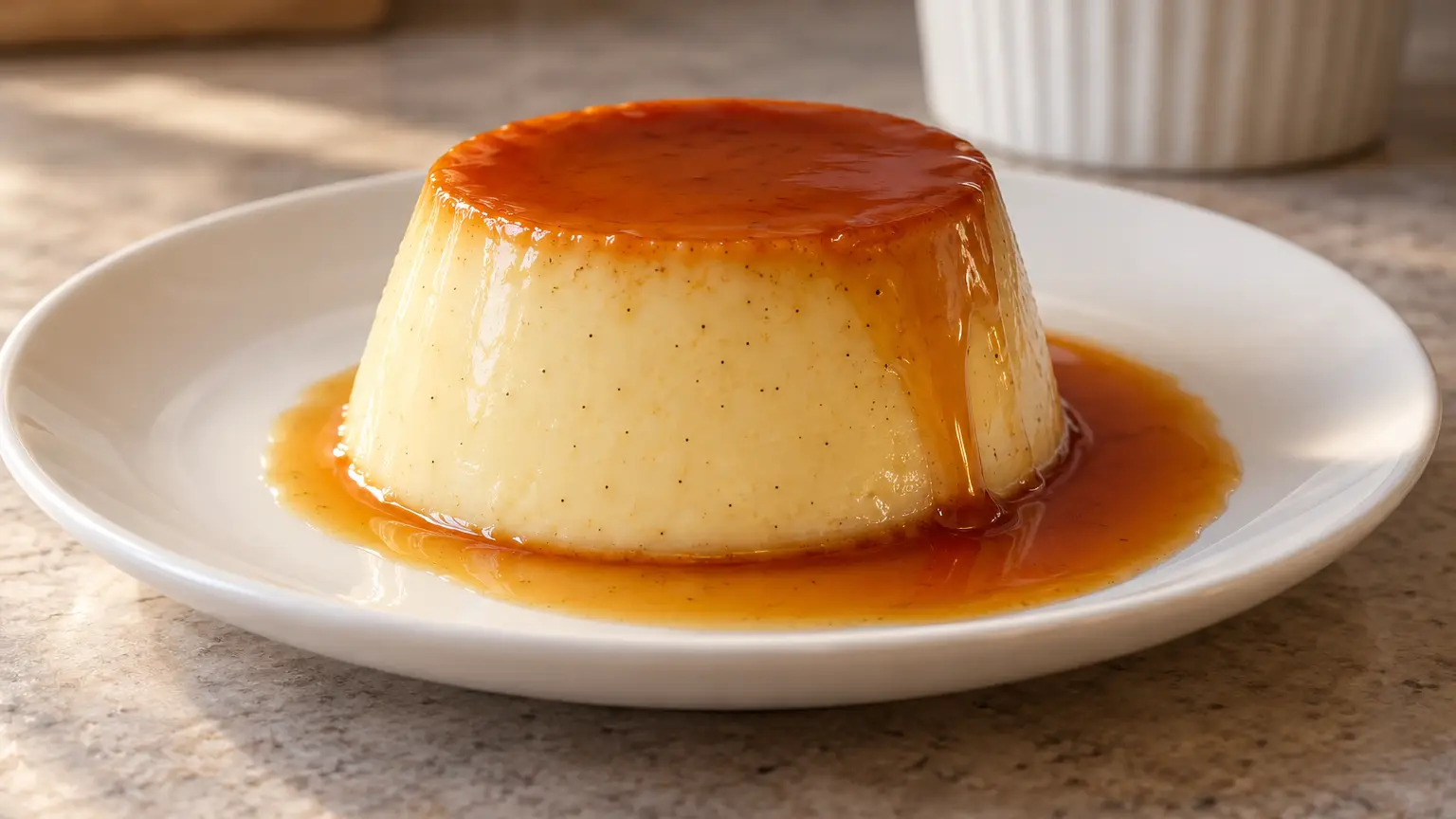 Gladde crème caramel met vanille op een wit bordje met vloeibare amberkleurige karamel zonder extra's