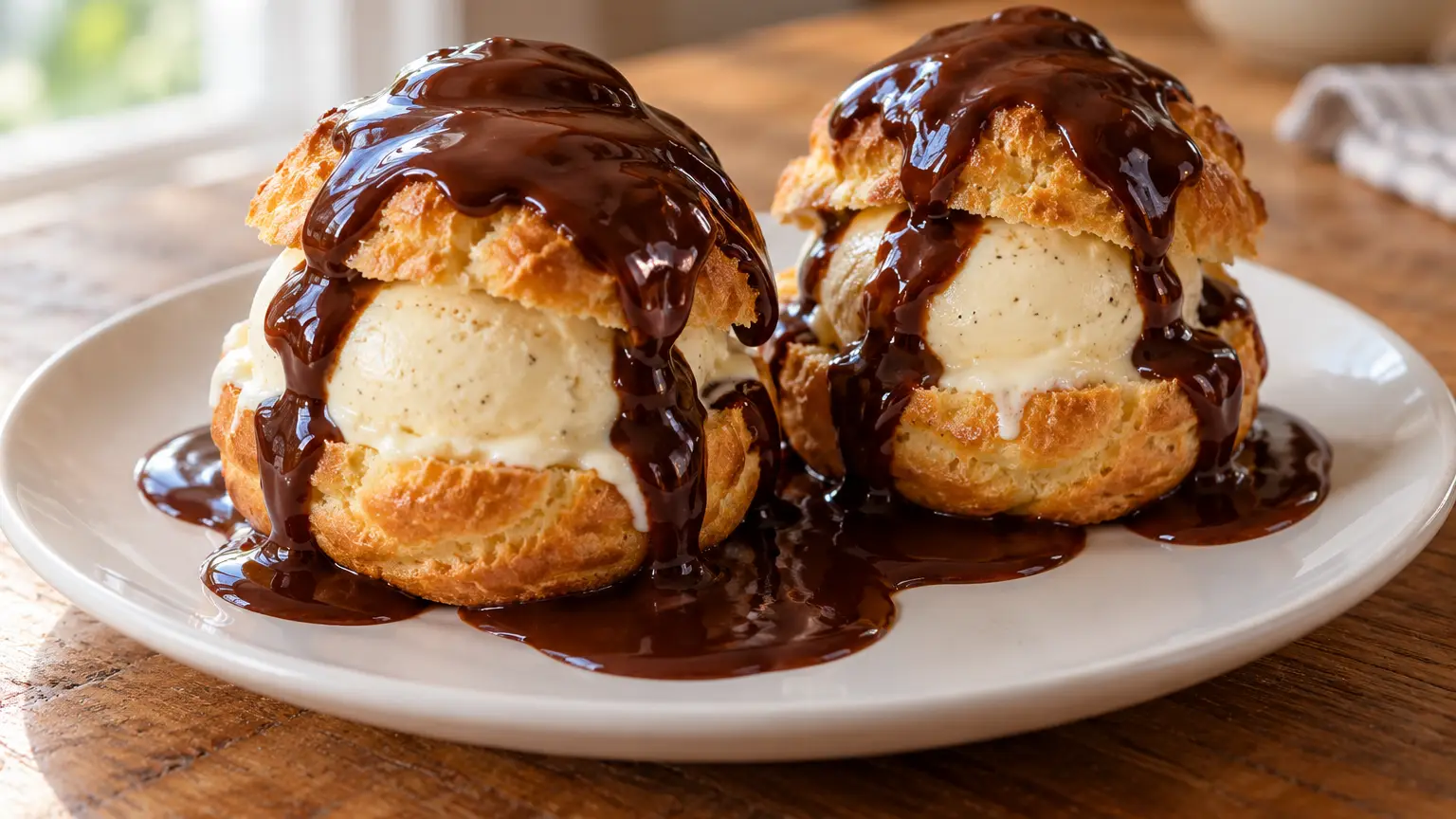 Due profiteroles dorati con gelato alla vaniglia visibile e salsa scura tiepida su un piattino bianco