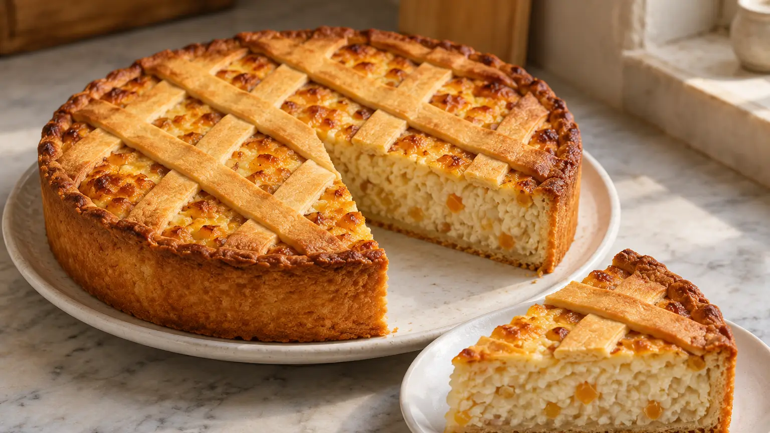 Pastiera napoletana con griglia dorata e fetta che mostra ricotta grano e arancia candita