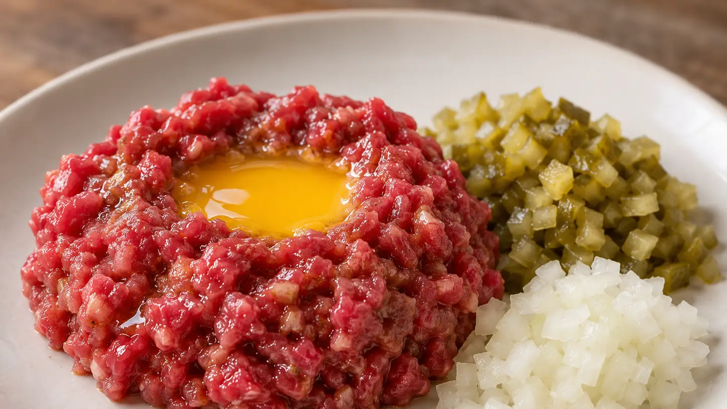 Tartare di manzo tritata con tuorlo, cetrioli fermentati e cipolla tagliati finemente