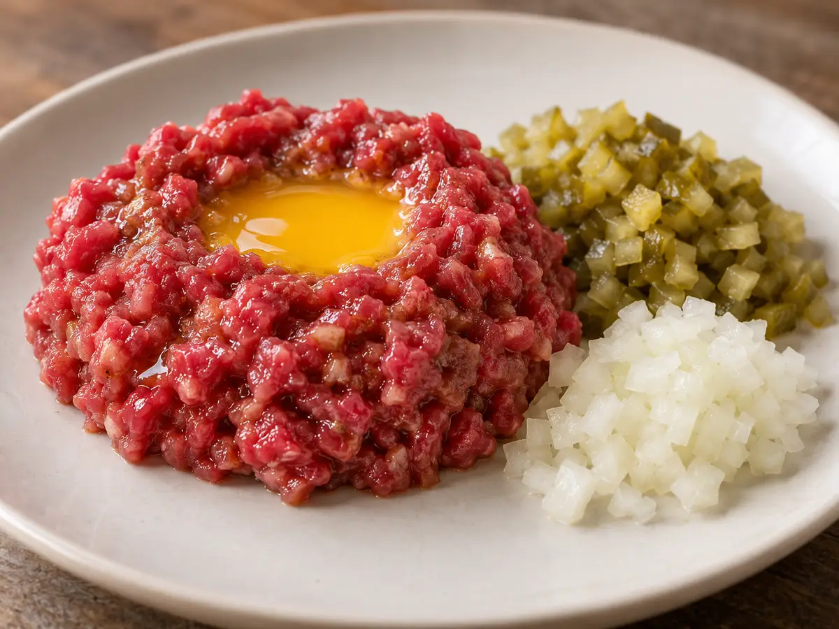 Tartare di manzo con tuorlo, cetrioli fermentati e cipolla