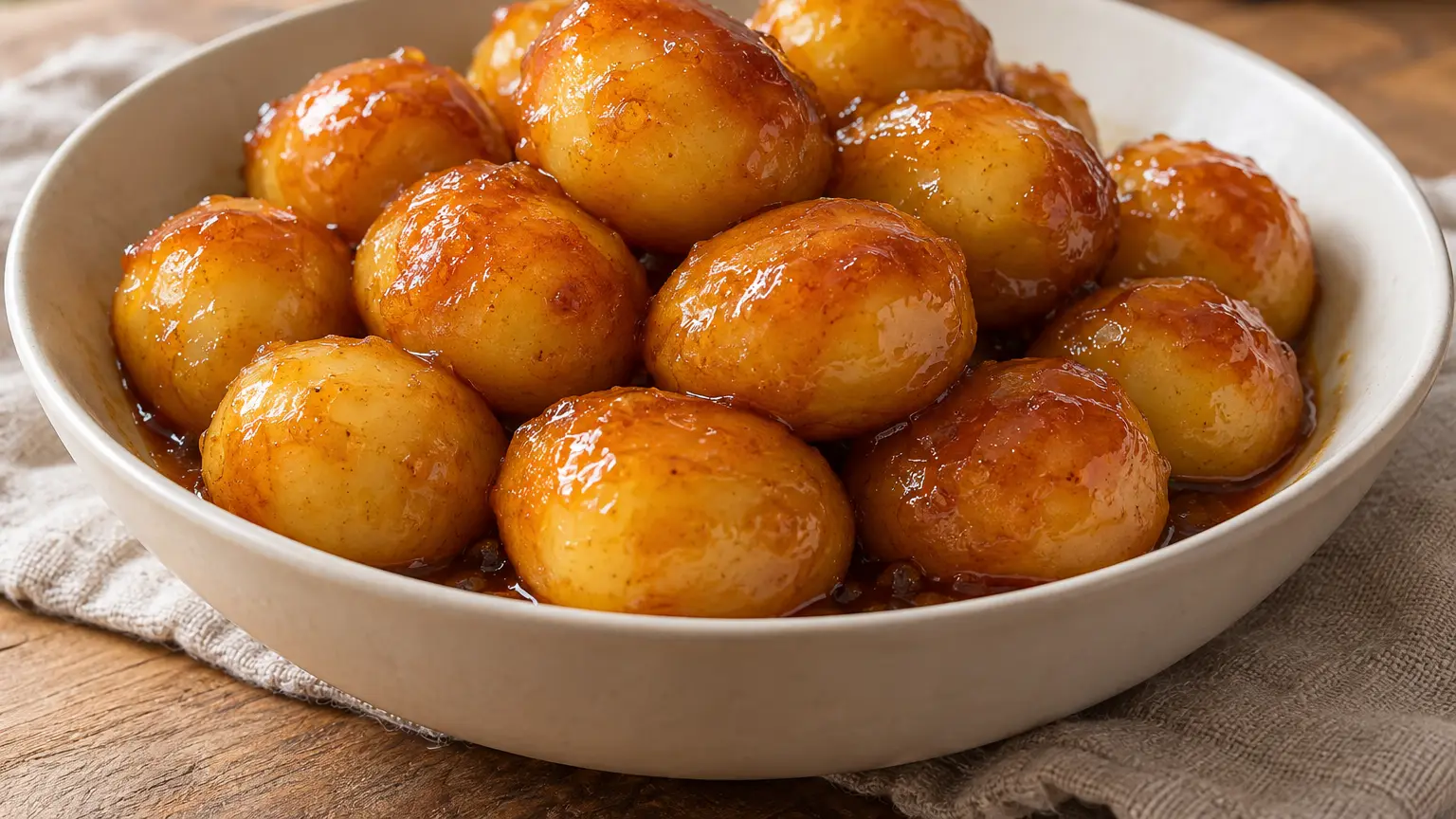 Piccole patate danesi brunede kartofler interamente rivestite di lucido caramello al burro in un recipiente basso