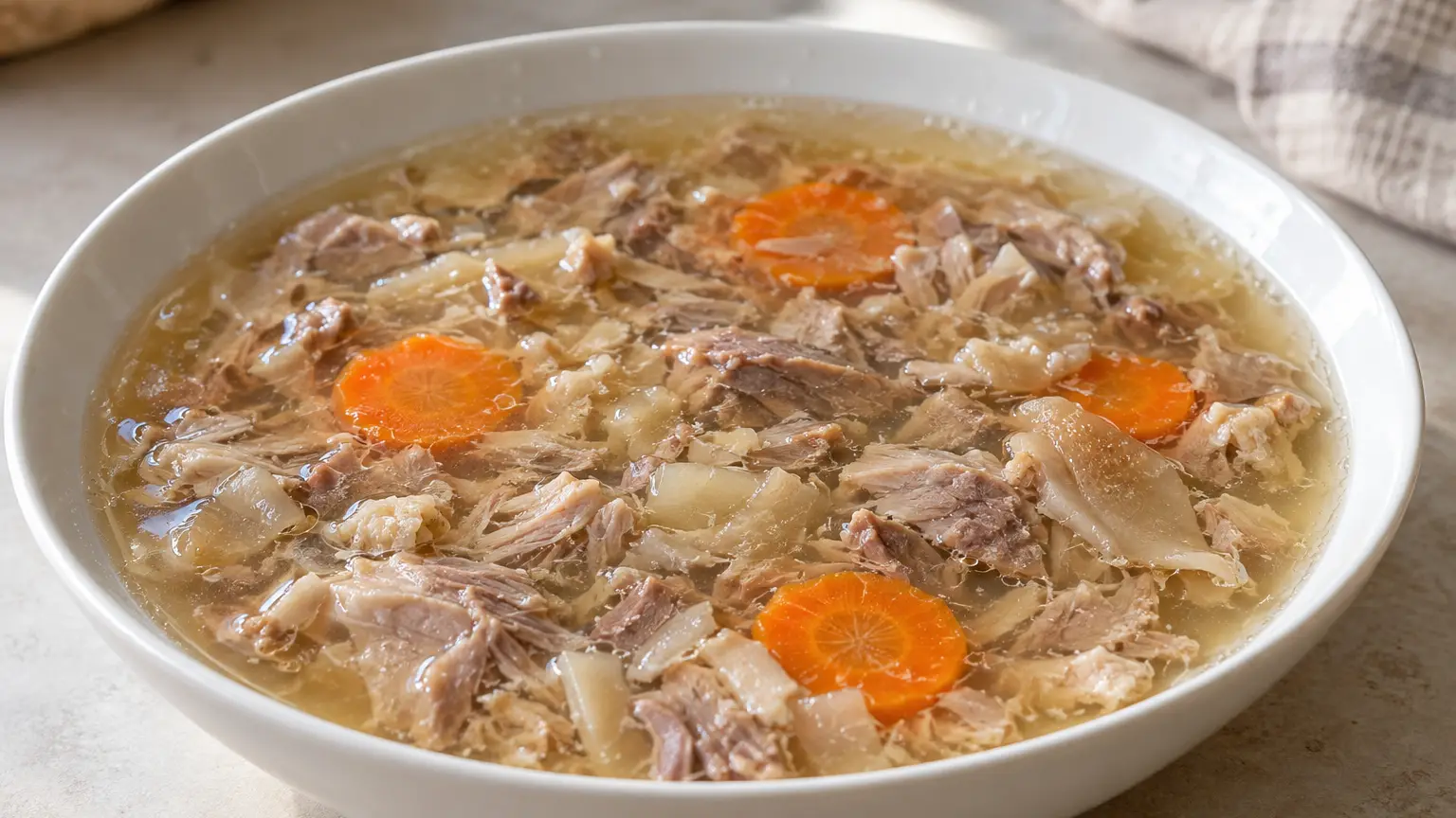 Gelatina di maiale casalinga con pezzi di carne e rondelle di carota in una ciotola bassa