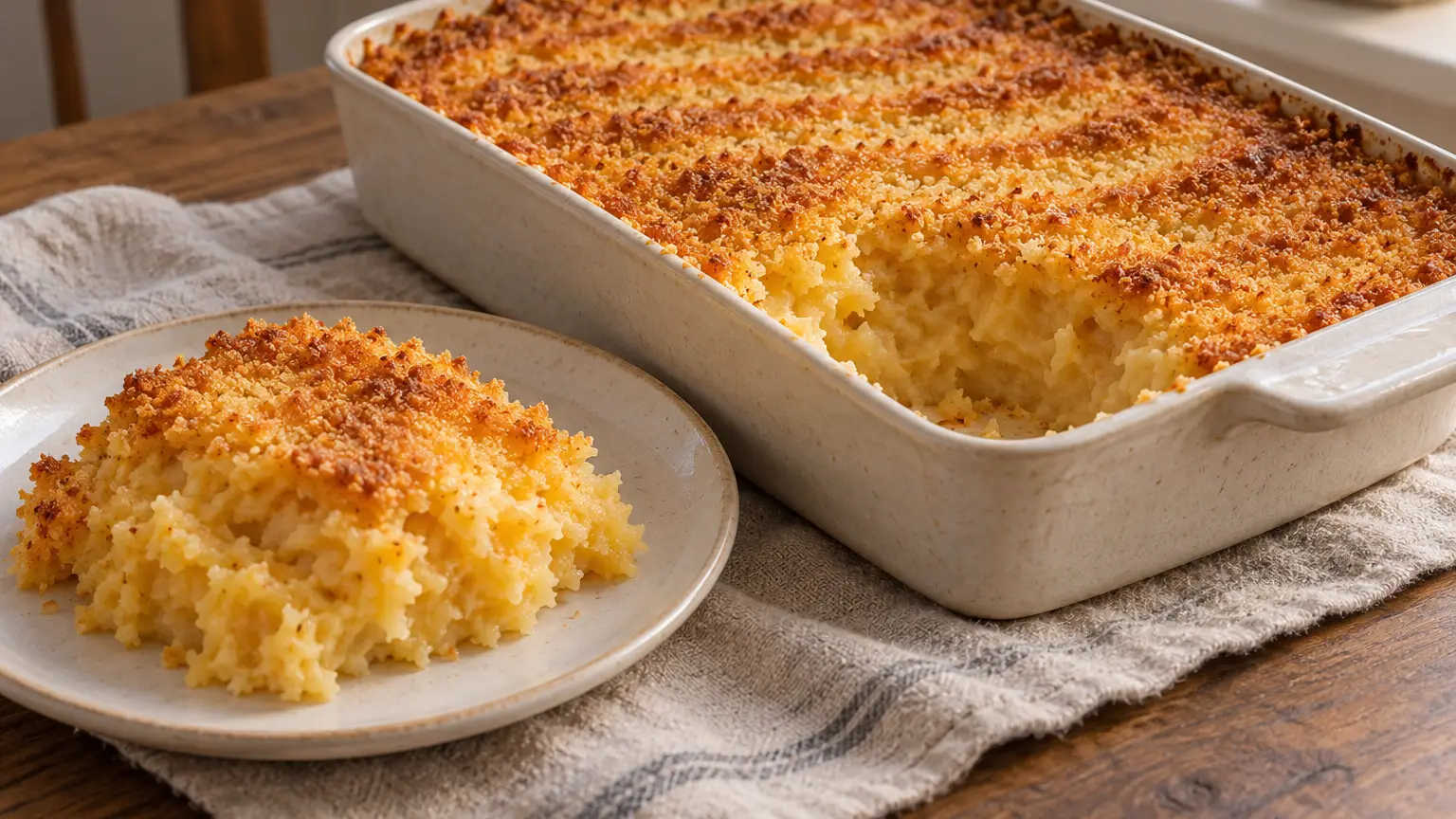 Sformato finlandese lanttulaatikko di rutabaga con copertura dorata al burro e porzione cremosa tagliata