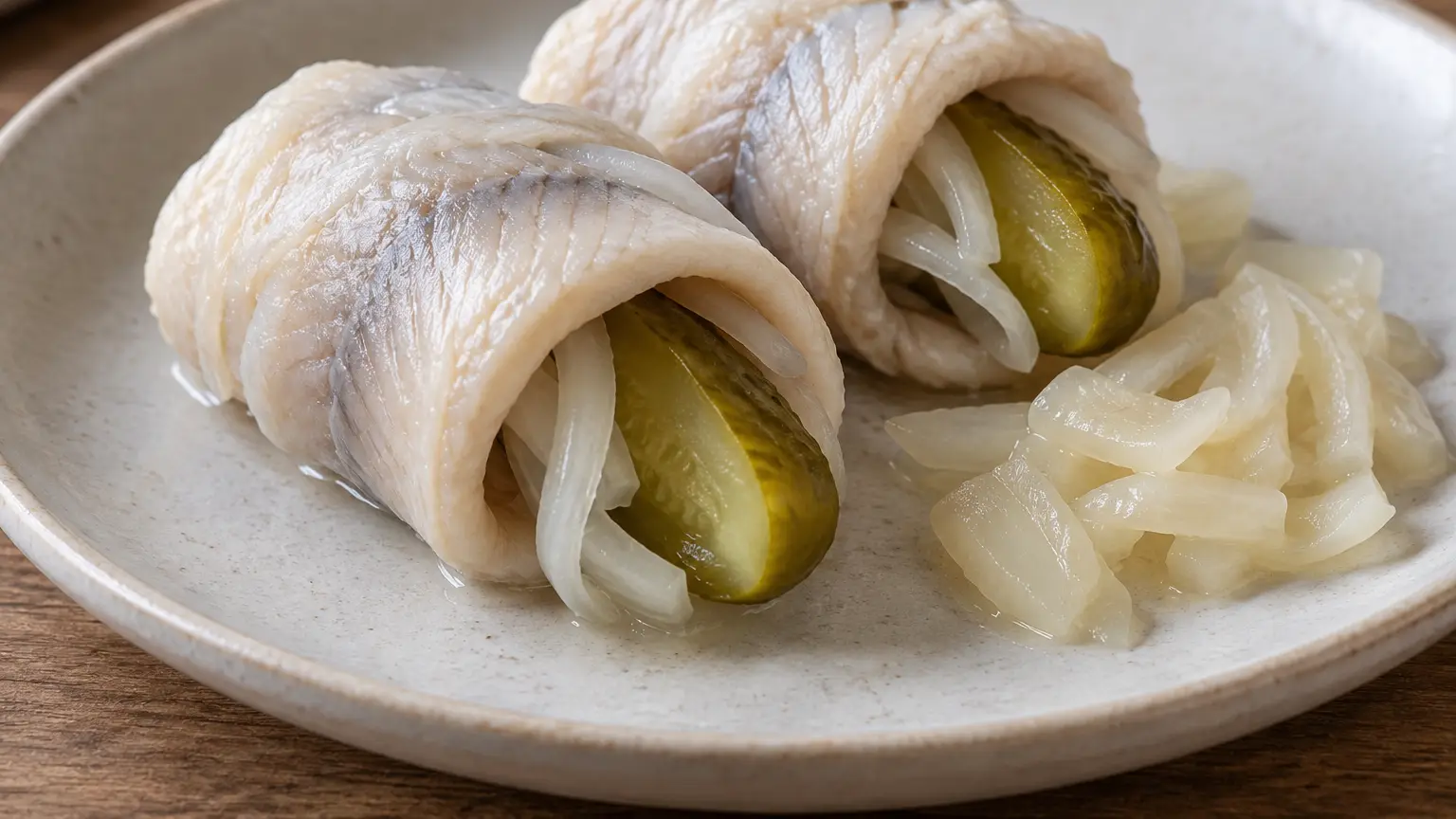 Rolmops van haringfilets met gefermenteerde augurk binnenin en lichte ui ernaast