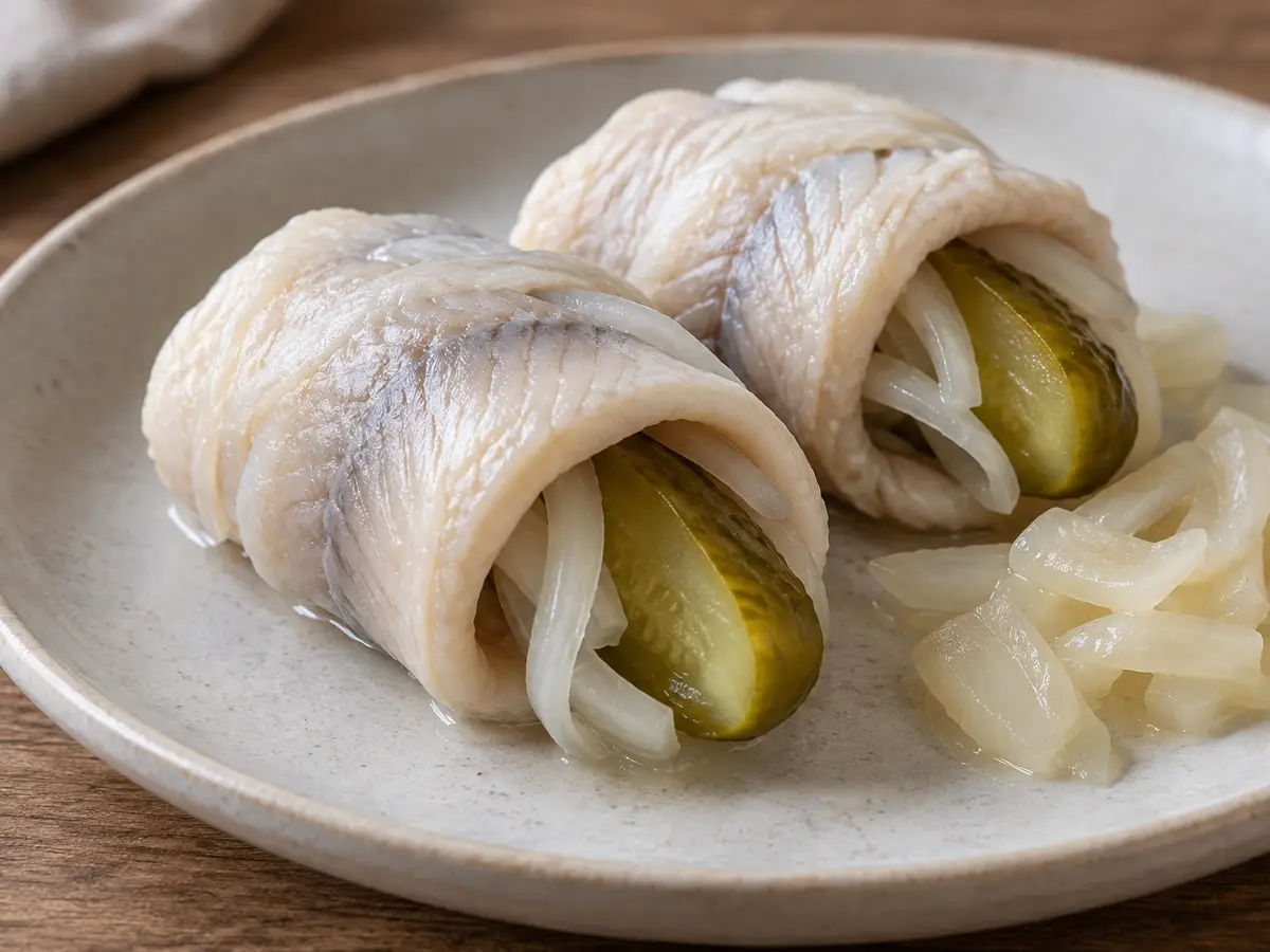 Rollmops con cetrioli fermentati e cipolla