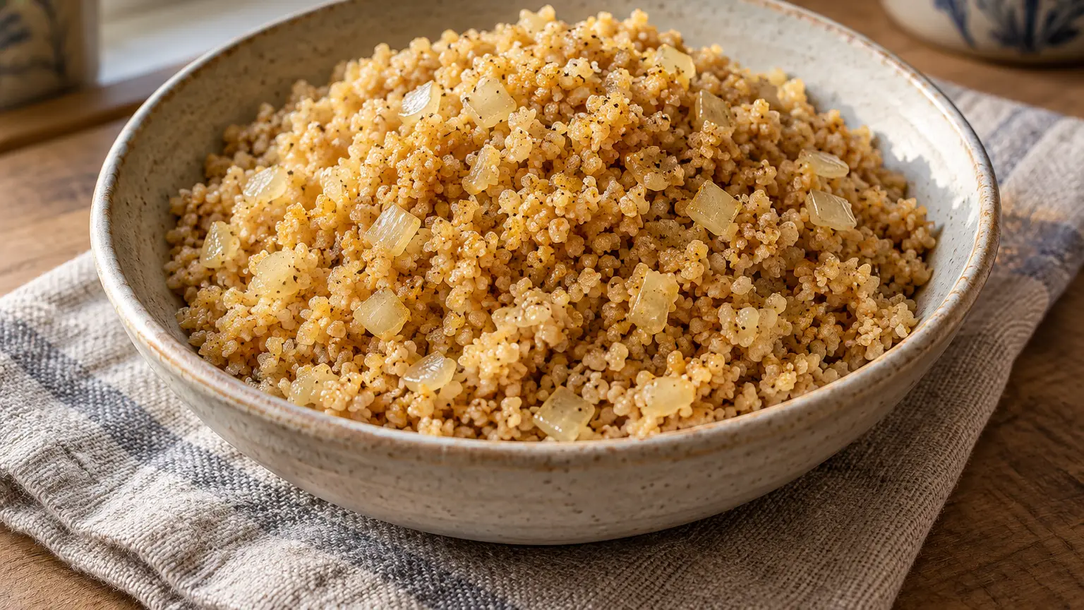 Skirlie dorato e sgranato con avena fine e cipolla morbida al burro in una ciotola