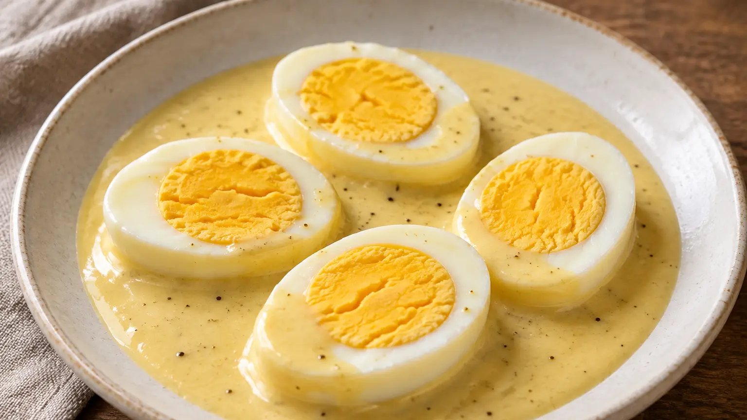 Mezze uova sode in salsa liscia e cremosa alla senape servite su un piatto chiaro