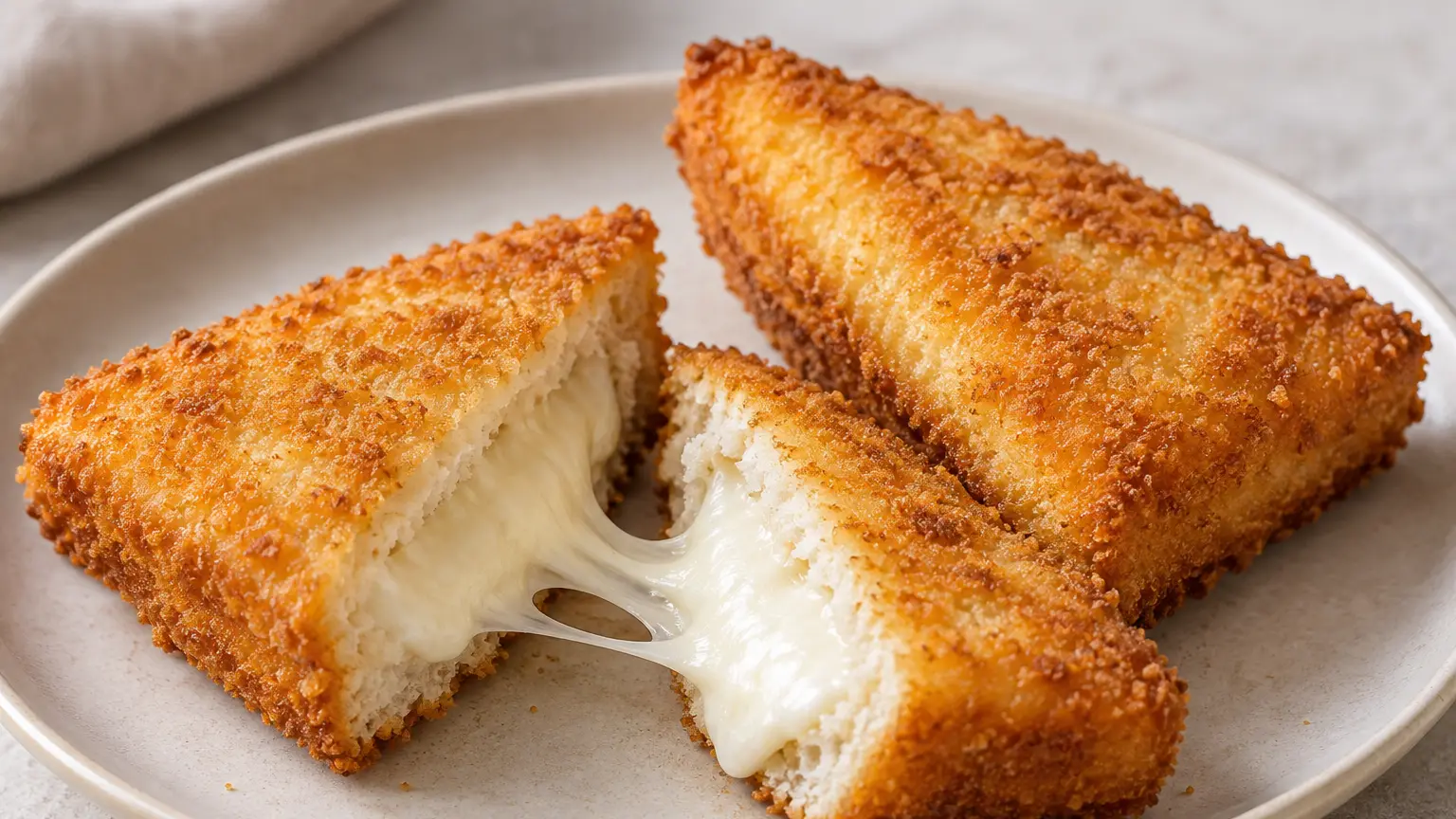 Sandwich triangolari dorati di mozzarella in carrozza con panatura croccante e formaggio filante