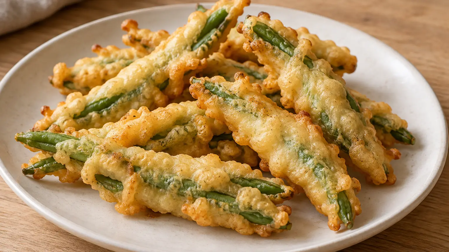 Goudkleurige langwerpige peixinhos da horta met groene bonen in een licht krokant beslagjasje