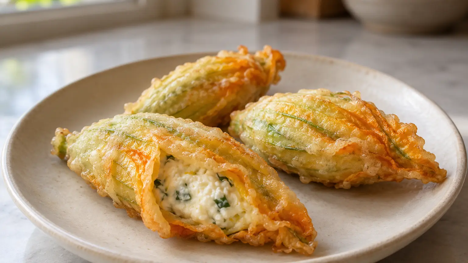 Fiori di zucchina in pastella sottile dorata con delicato ripieno di ricotta e basilico