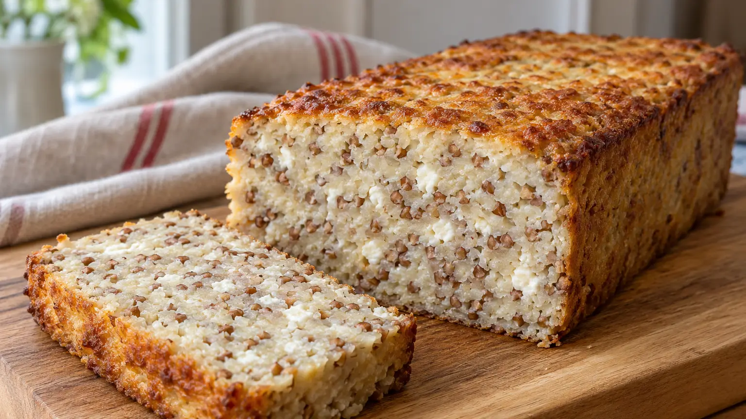 Piróg biłgorajski dorato senza pasta con una fetta spessa che mostra grano saraceno e twaróg