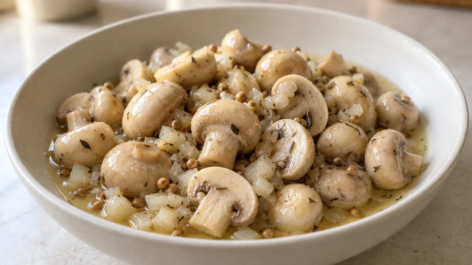 Champignons à la grecque met ui en koriander in een lichte citroen-wijnmarinade