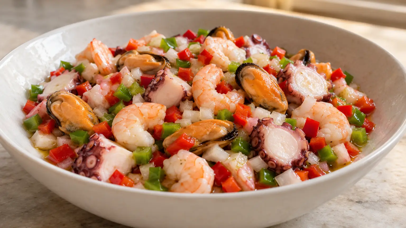 Salpicón de marisco met octopus, garnalen, mosselen, kleurrijke paprika en ui