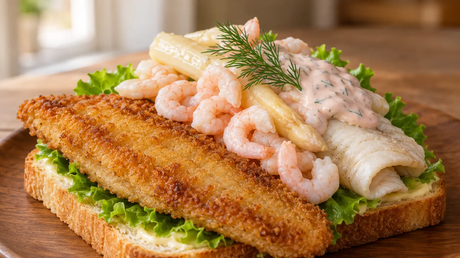 Stjerneskud met krokante en lichte vis, garnalen, witte asperges en romige dillesaus