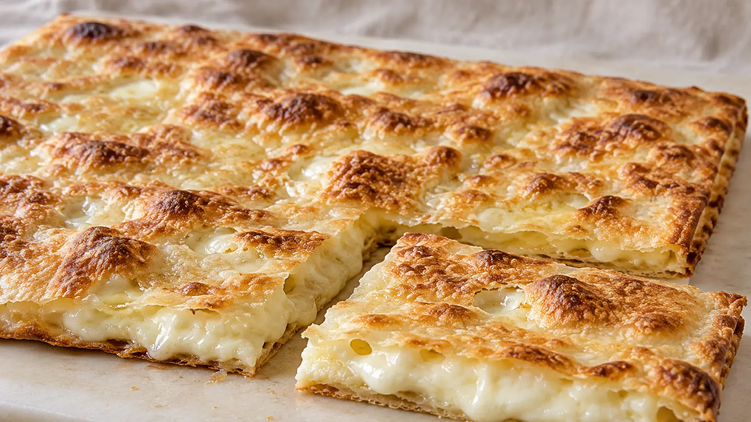 Thin browned focaccia col formaggio with a cut piece revealing creamy cheese between dough sheets