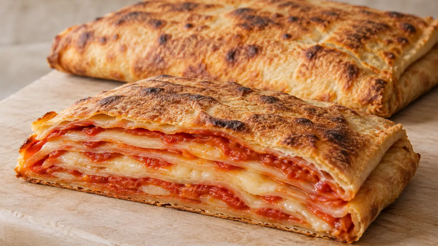 Scaccia ragusana dorata, porzione tagliata che rivela numerosi strati sottili di pomodoro, formaggio e pasta