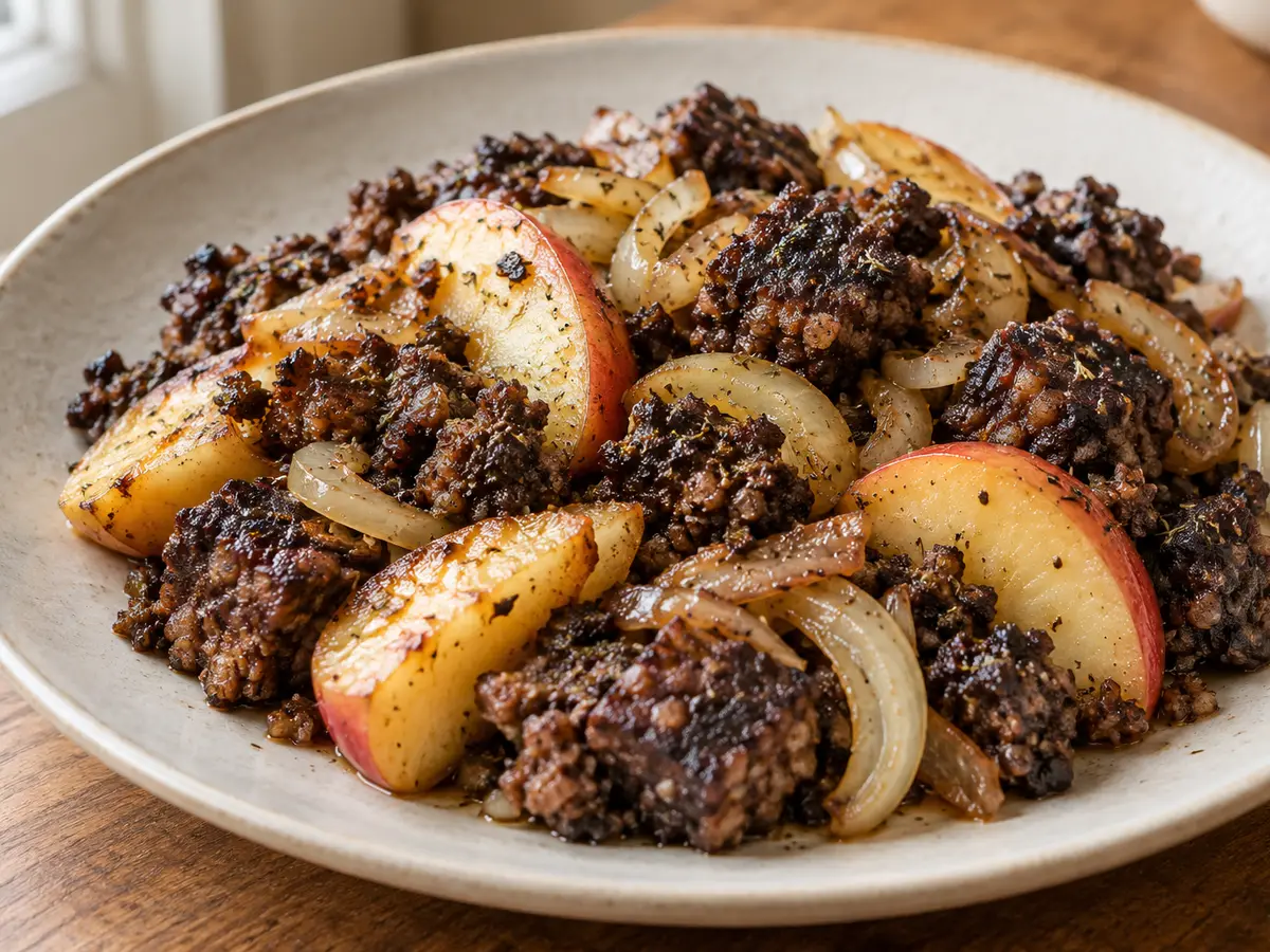 Kaszanka uit de pan met appels en goudbruine uien