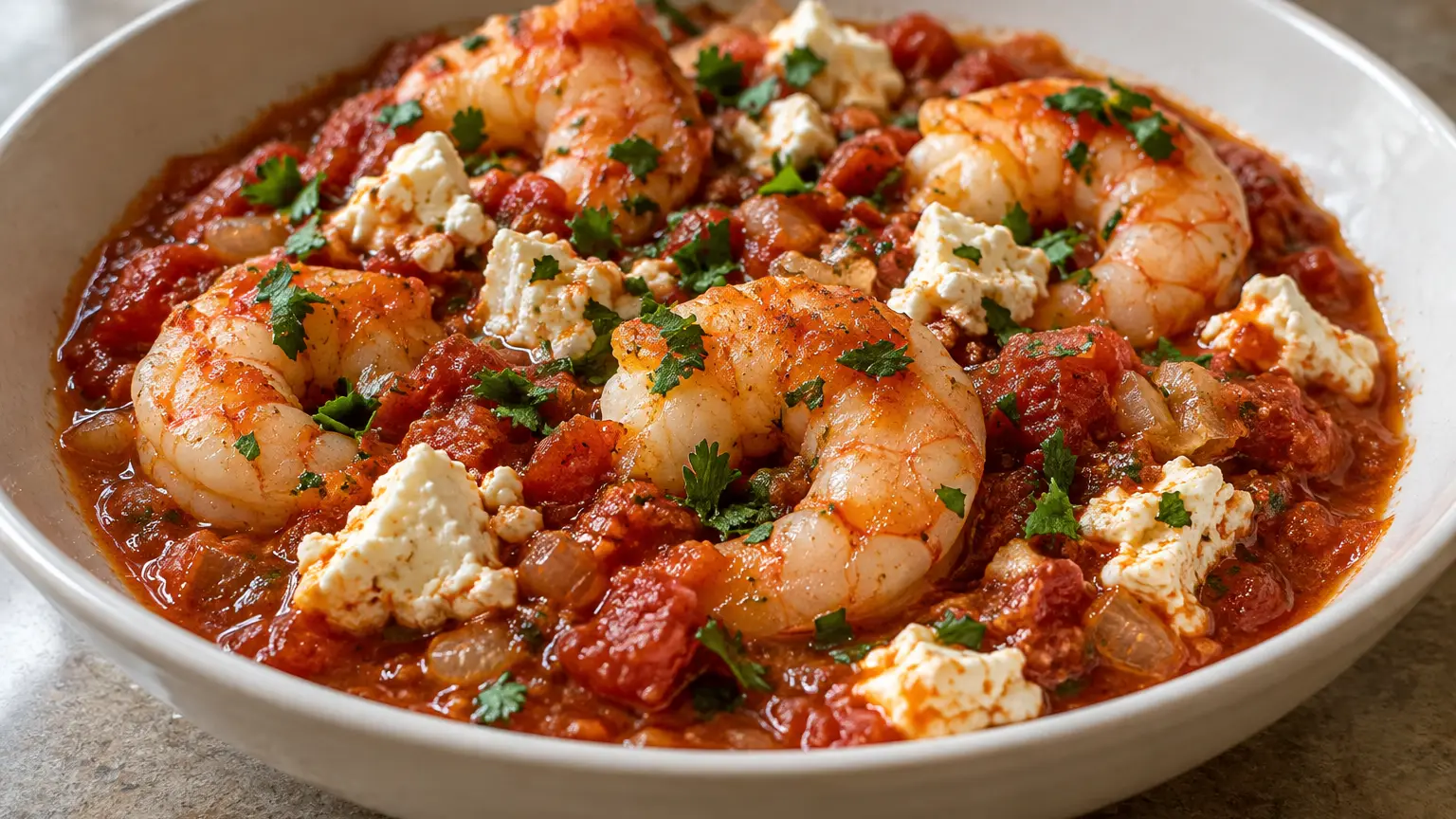 Garnalen in dikke tomatensaus met witte stukjes feta en fijngehakte peterselie