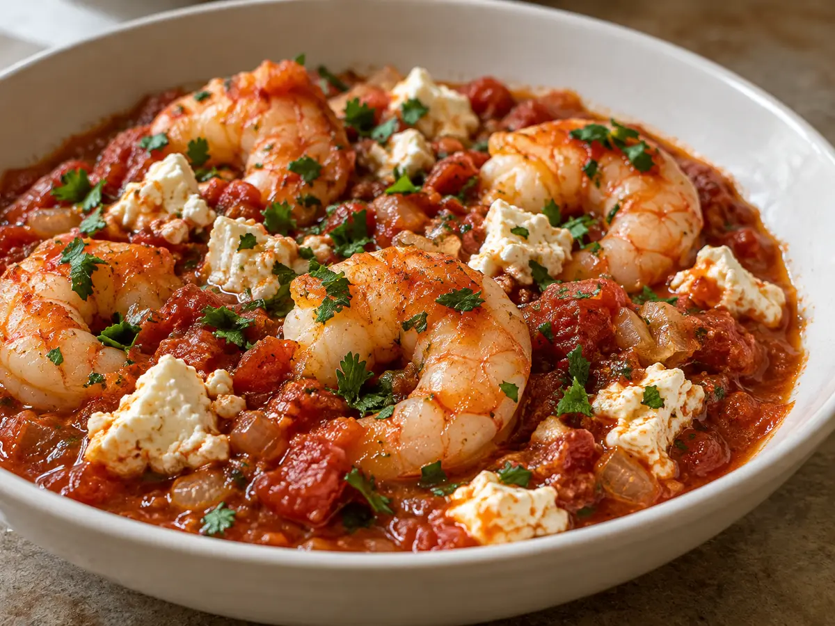 Garides saganaki — gamberi al pomodoro con feta