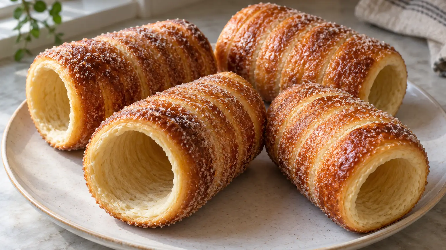 Kürtőskalács dorati e vuoti con crosta di zucchero croccante e giri visibili di pasta morbida