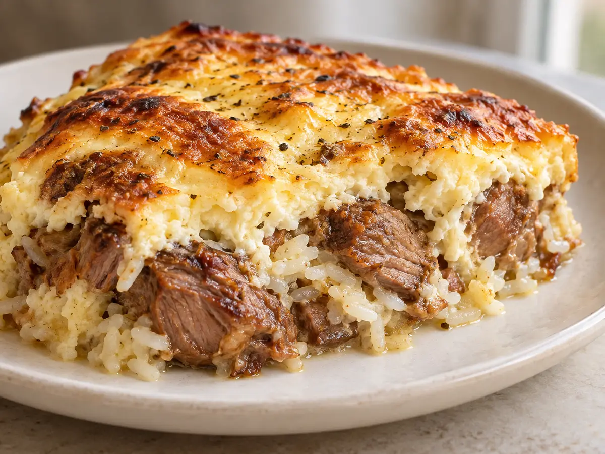 Tavë kosi — agnello con riso sotto uno strato di yogurt