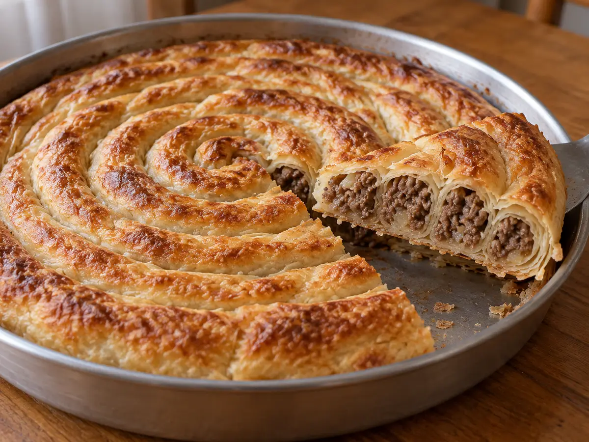 Burek di carne — torta salata croccante a spirale