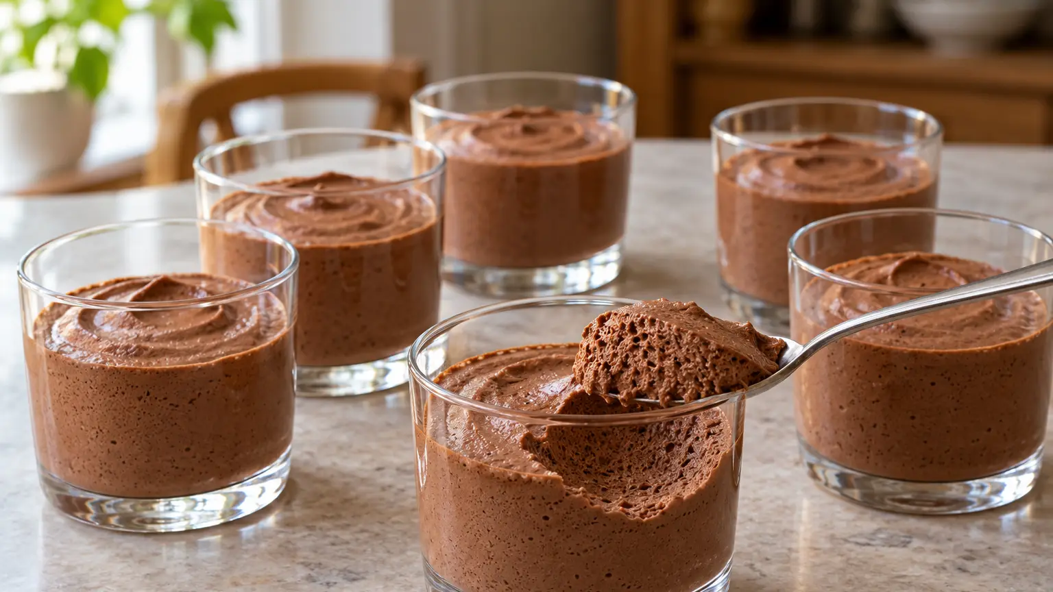 Chocolademousse in kleine glazen met een lepeltje mousse dat de lichte gelijkmatige structuur laat zien