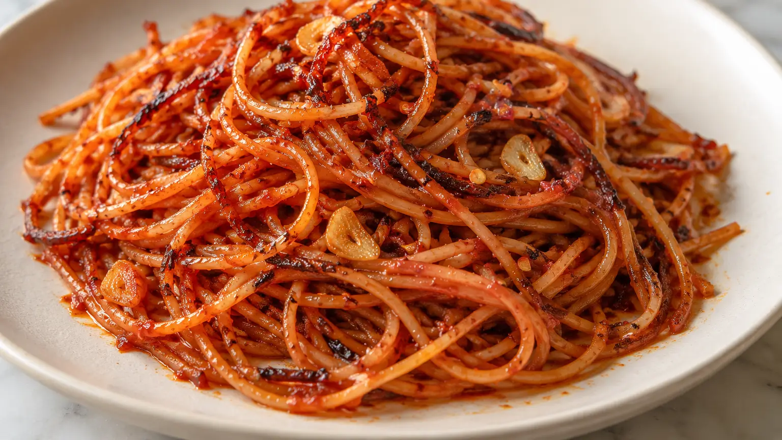 Spaghetti rossi con un sottile strato di pomodoro e zone bruno scuro croccanti