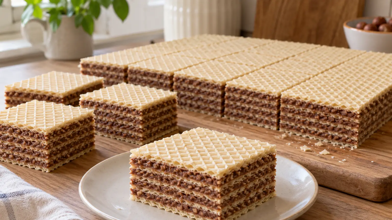Torta rettangolare di cialde porzionata con sottili strati visibili di crema cioccolato-nocciole, senza glassa