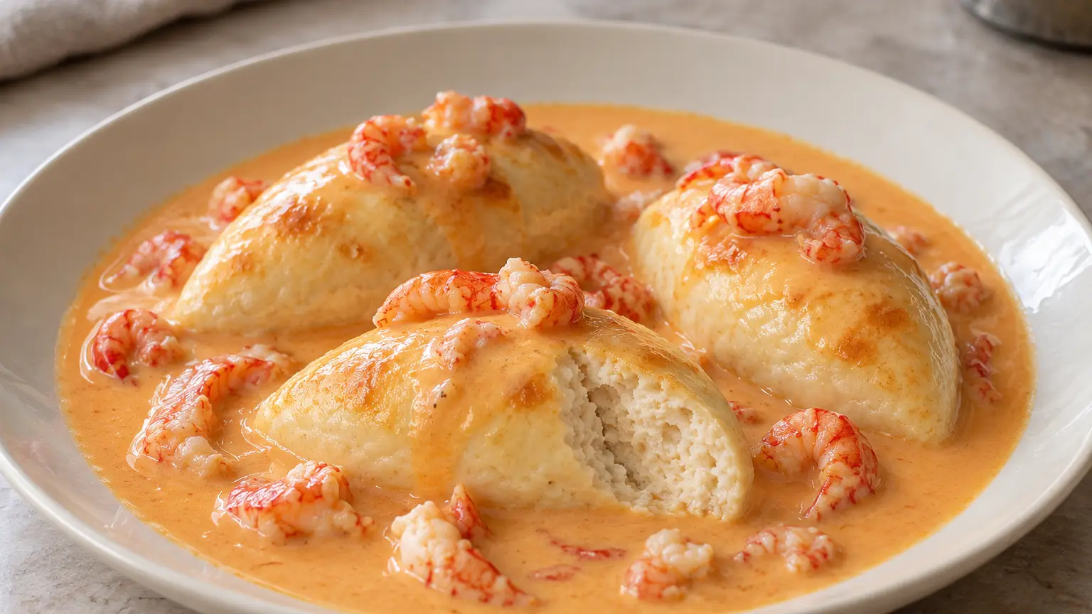 Delicate quenelles ovali di luccio in salsa cremosa con polpa di gamberi di fiume