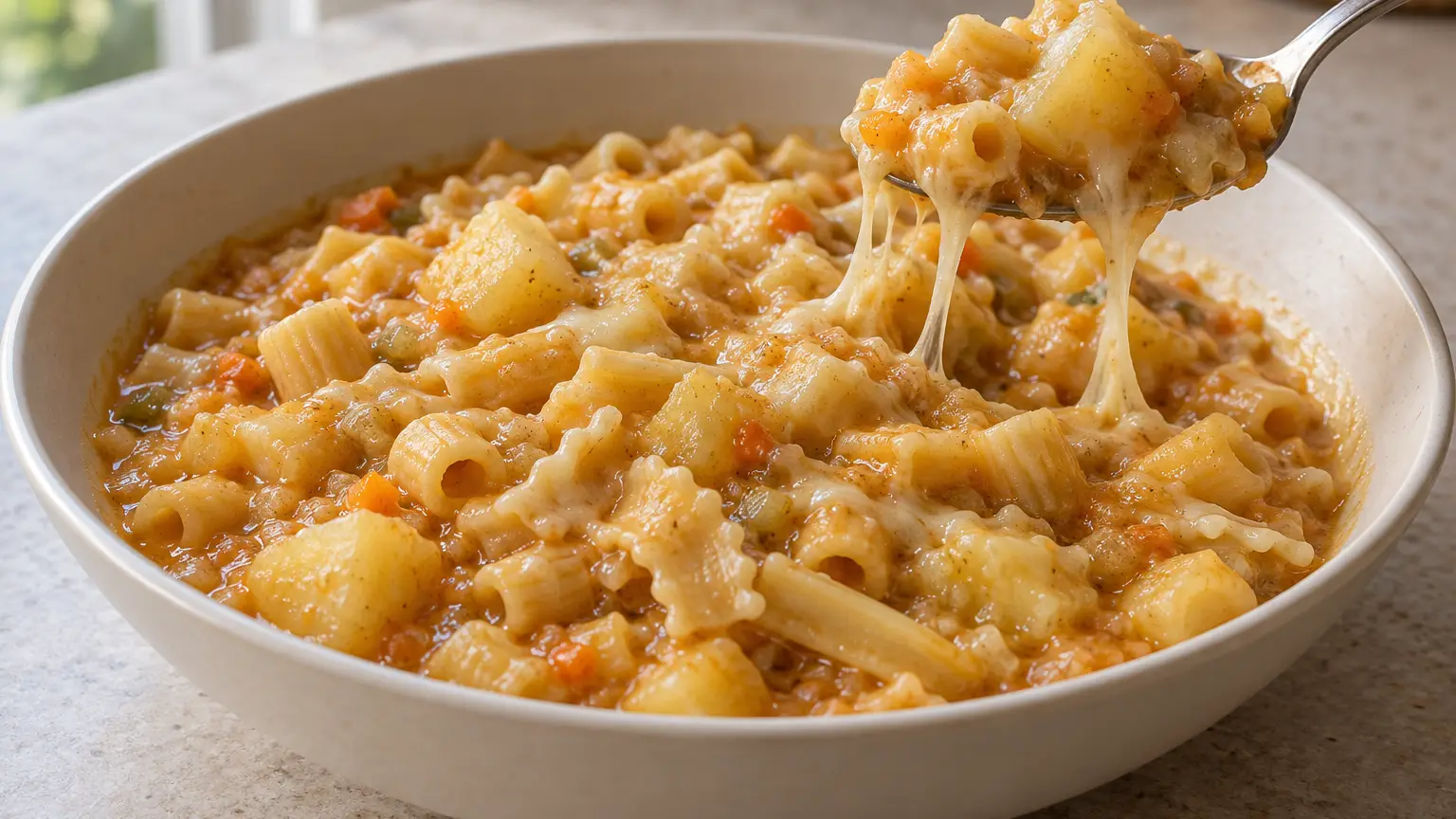 Romige korte pasta met aardappelstukjes en gerookte provola die draden trekt