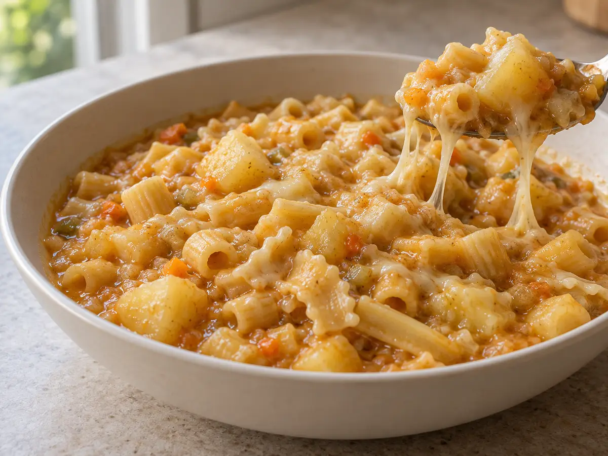 Pasta e patate — pasta cremosa con patate e provola filante
