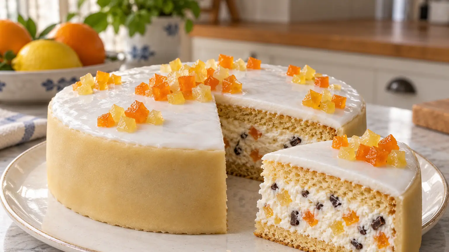 Cassata casalinga con marzapane naturale sui lati, glassa bianca e scorze d'arancia e limone candite