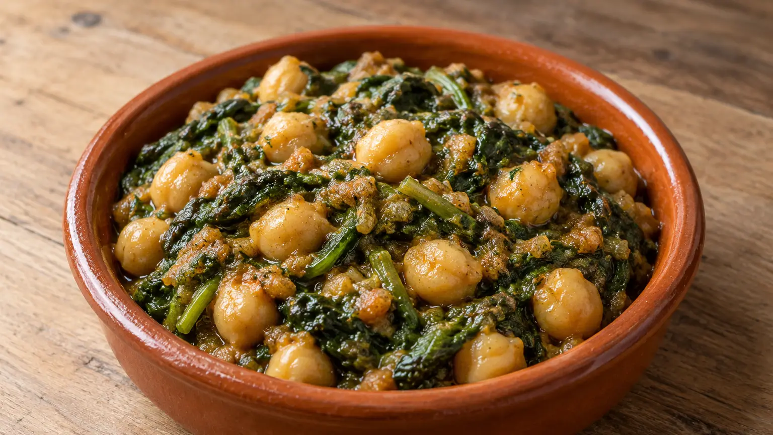 Spinaci andalusi con ceci avvolti da majado denso di aglio e pane