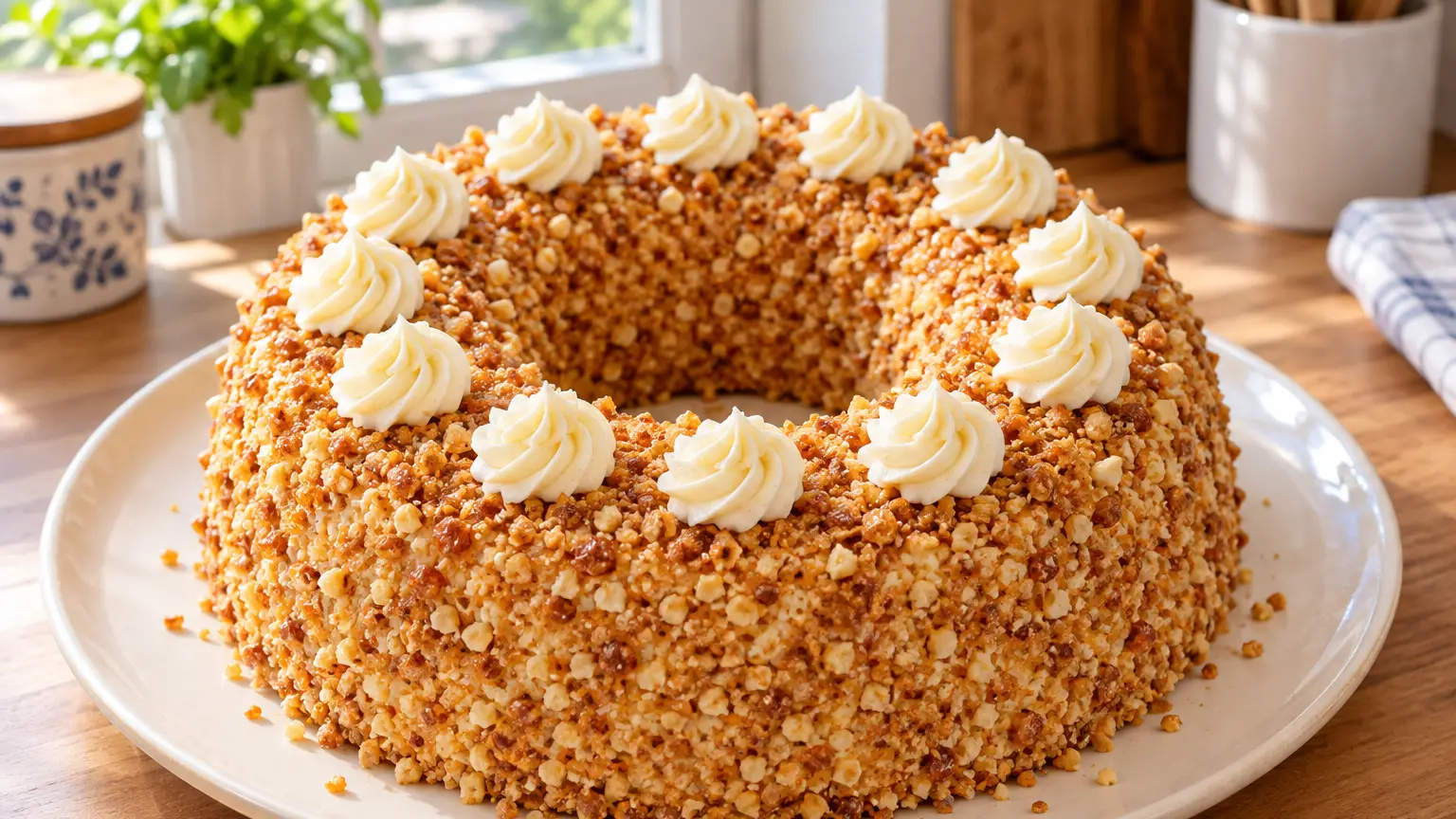 Frankfurter Kranz ad anello, croccante di nocciole e dodici rosette di chiara crema al burro