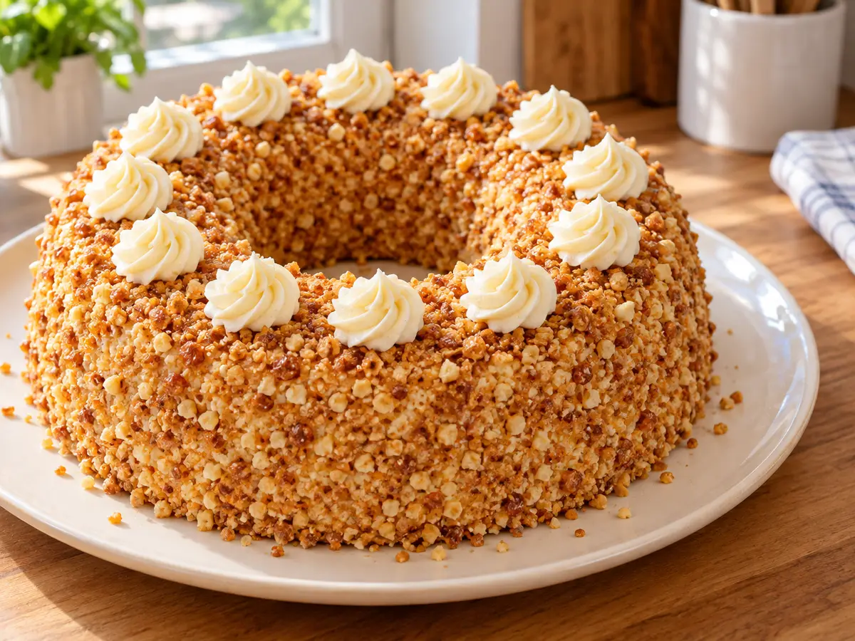 Frankfurter Kranz — cake with buttercream, jam and hazelnut brittle