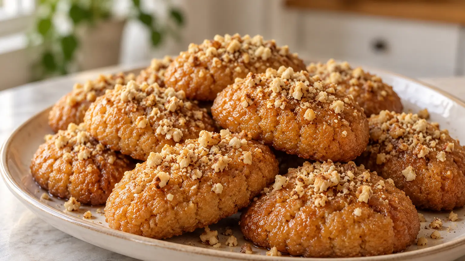 Orange melomakarona with honey syrup and chopped walnuts arranged on a plain platter
