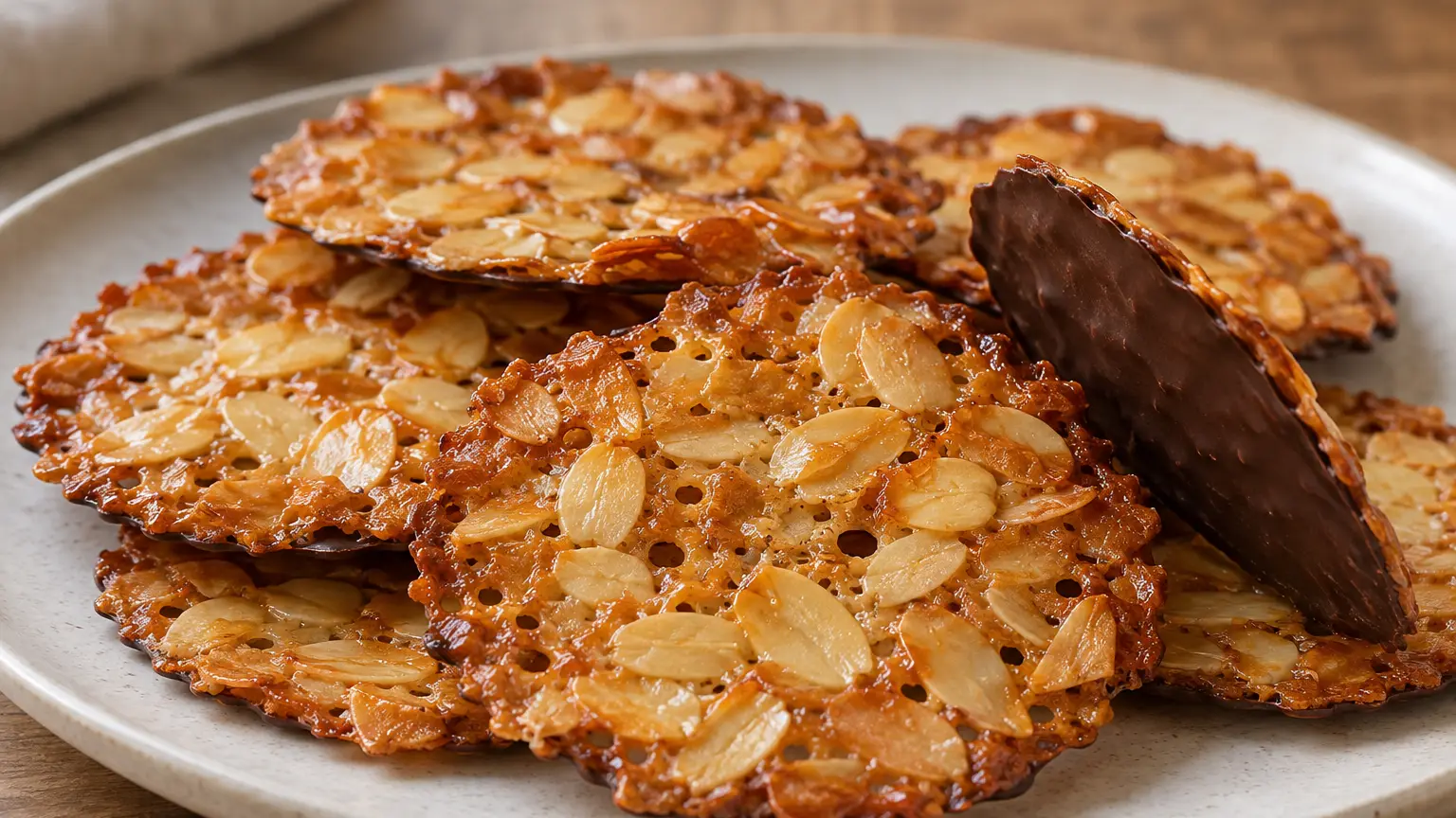 Dunne florentines met goudkleurig amandelschaafsel in karamel en een laagje pure chocolade op de onderkant