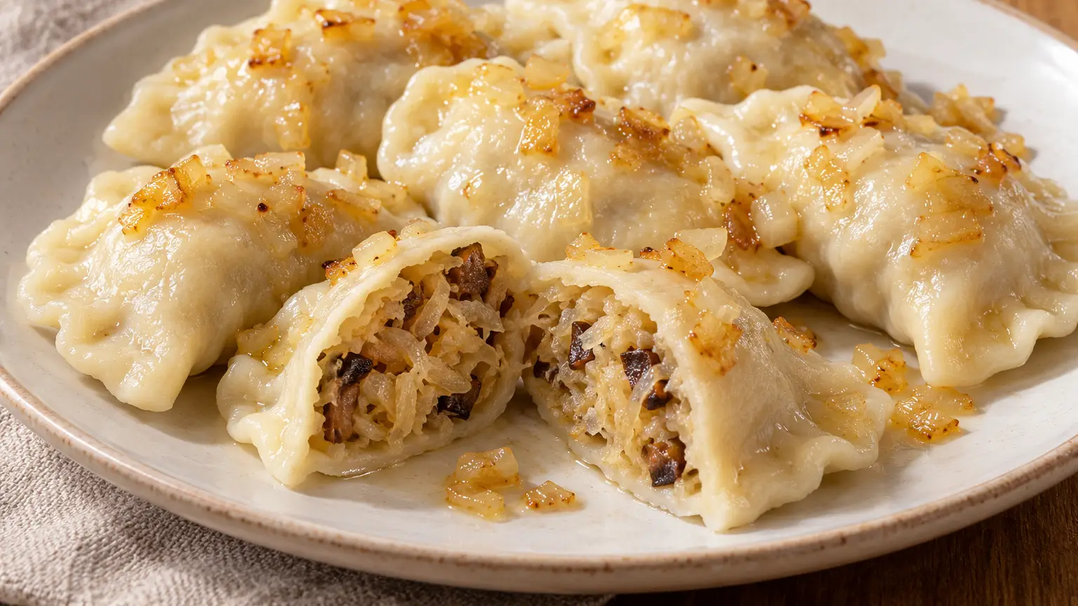 Pierogi lessati con crauti e porcini in sfoglia sottile con cipolla dorata