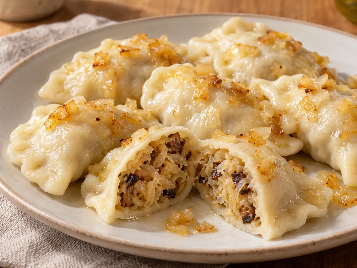 Pierogi con crauti e funghi in una sfoglia sottile